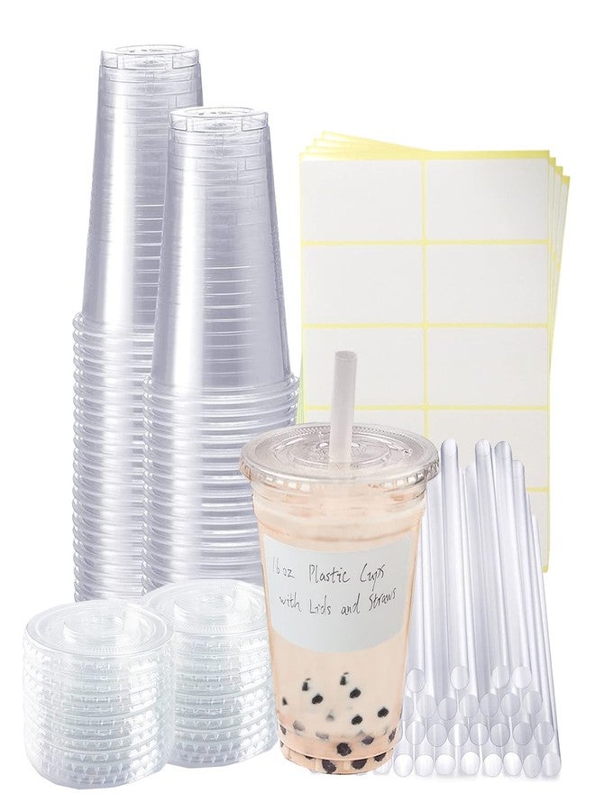 Xlong 50 Sets Clear Plastic Cups With Flat Lids,16oz Disposable Iced Coffee Cups with Straws and Stickers,Plastic Cups for Iced Coffee,Cold Drinks,Juice, Bubble Boba Tea,Smoothie, Milkshake - Image 1